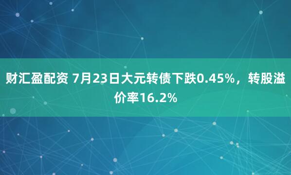 财汇盈配资 7月23日大元转债下跌0.45%，转股溢价率16.2%